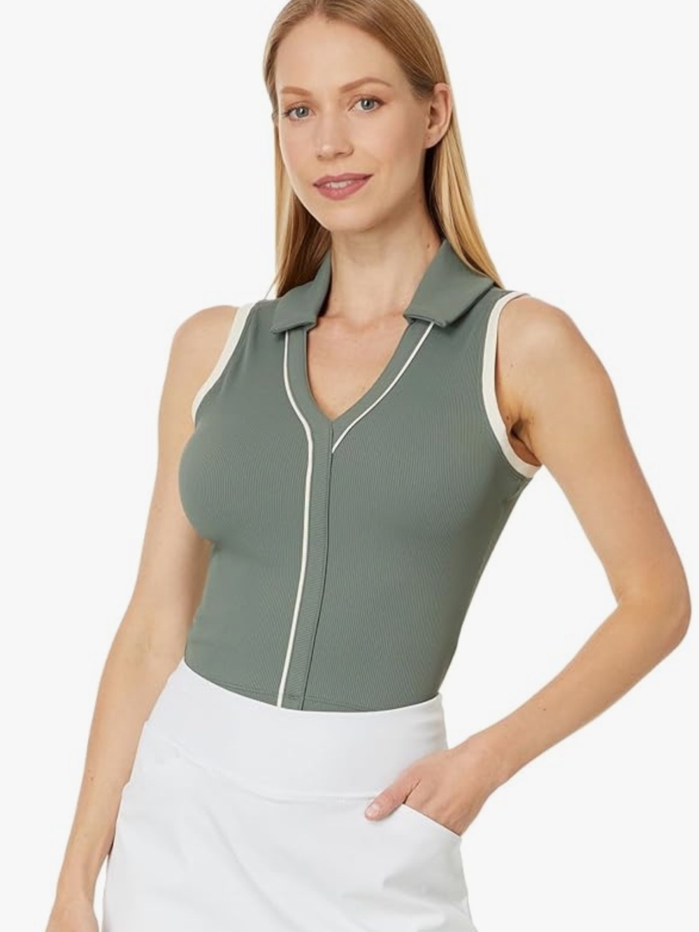 Travis Mathew Sage Green Sleeveless Polo Tank with Cream Trim